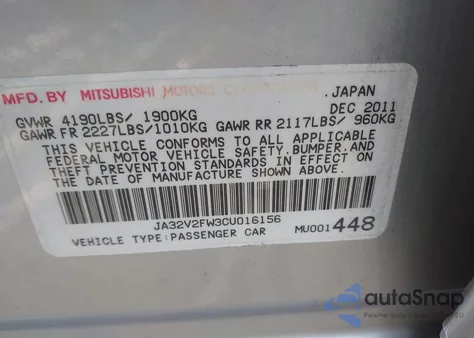 2012 Mitsubishi Lancer Se from USA, damaged, VIN JA32V2FW3CU016156